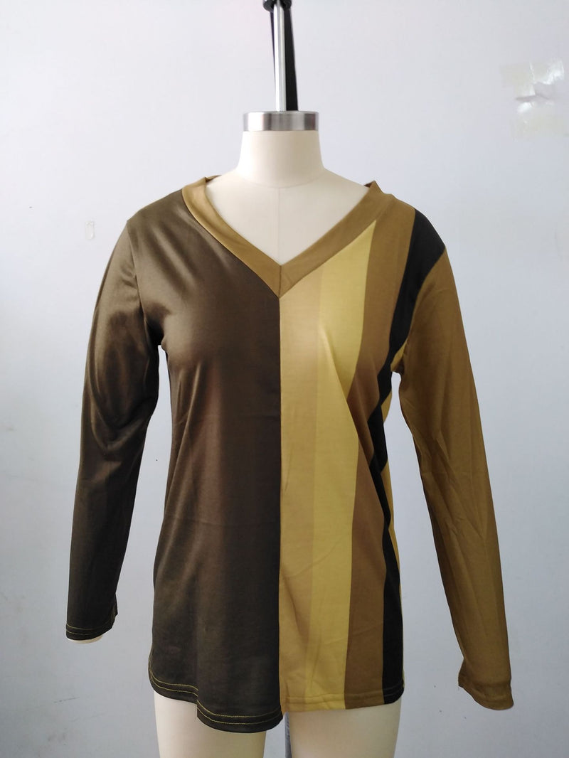 V-neck Striped Printed Long Sleeves T-shirt