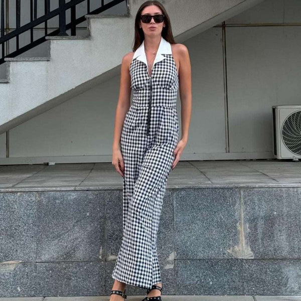 Backless Plaid Zipper Jumpsuit
