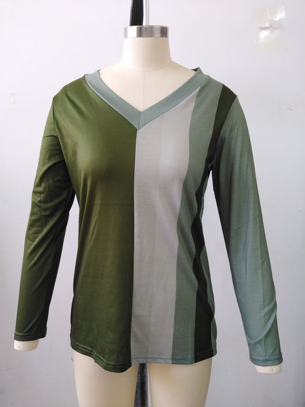 V-neck Striped Printed Long Sleeves T-shirt