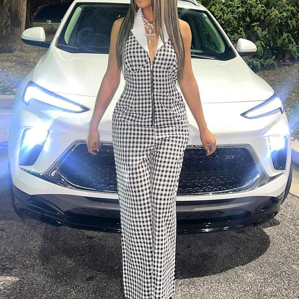 Backless Plaid Zipper Jumpsuit
