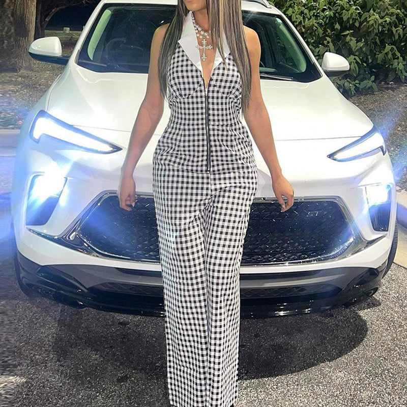 Backless Plaid Zipper Jumpsuit