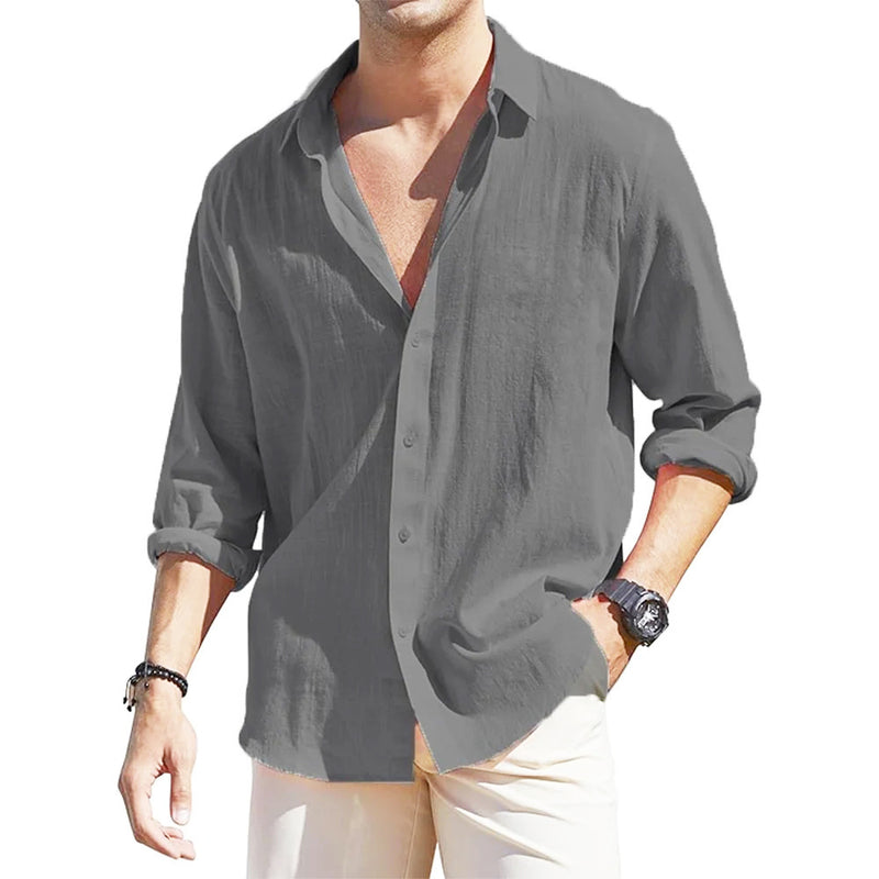 Men's Linen Cardigan Single Row Lapel Long Sleeve Shirt