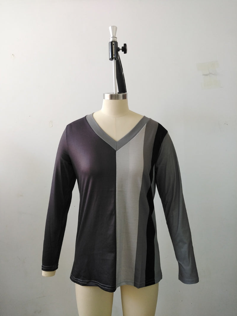 V-neck Striped Printed Long Sleeves T-shirt
