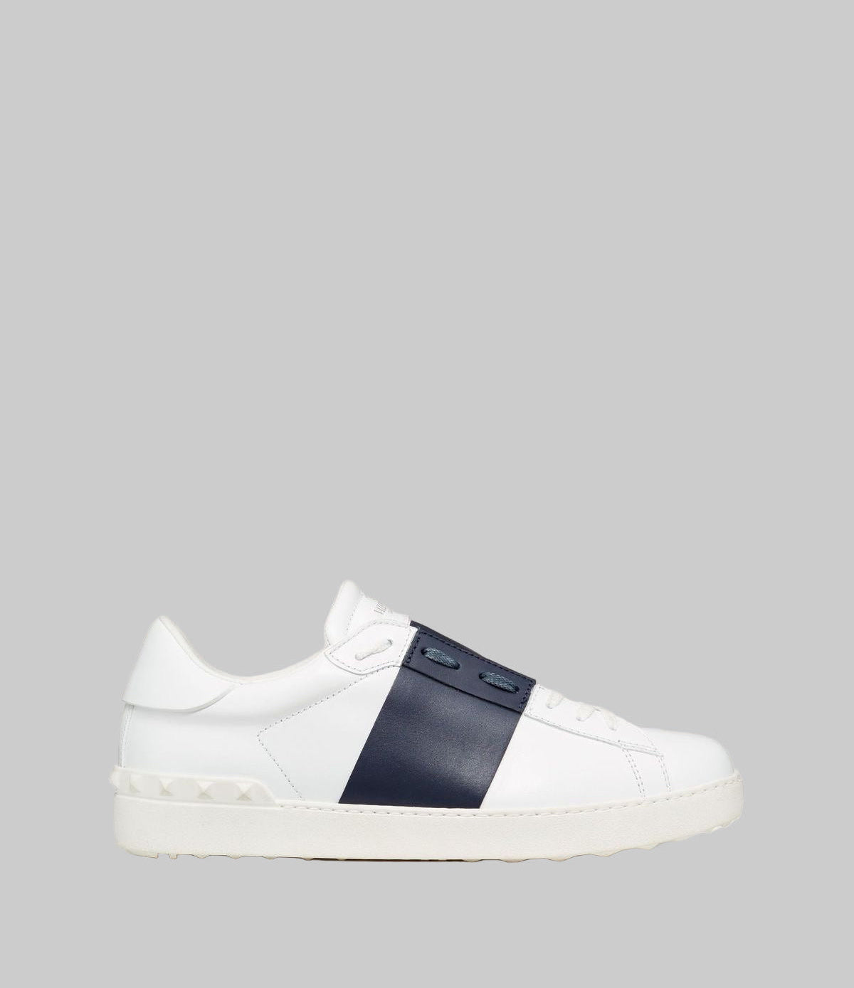 Luxury White Leather Sneakers with Navy Strap – Designer-Inspired Minimal Street Style