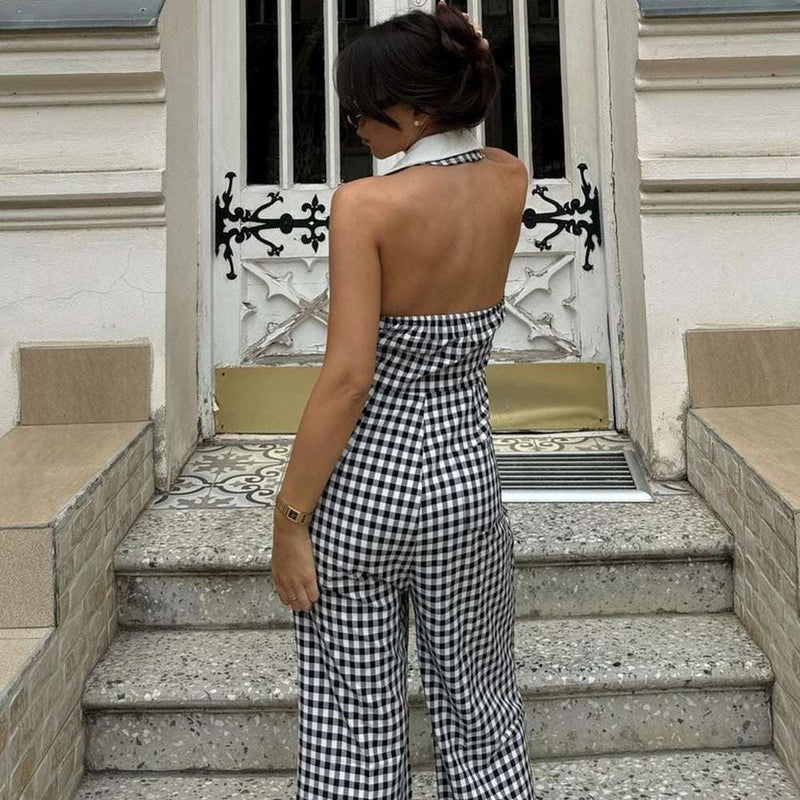 Backless Plaid Zipper Jumpsuit