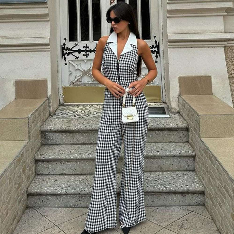 Backless Plaid Zipper Jumpsuit