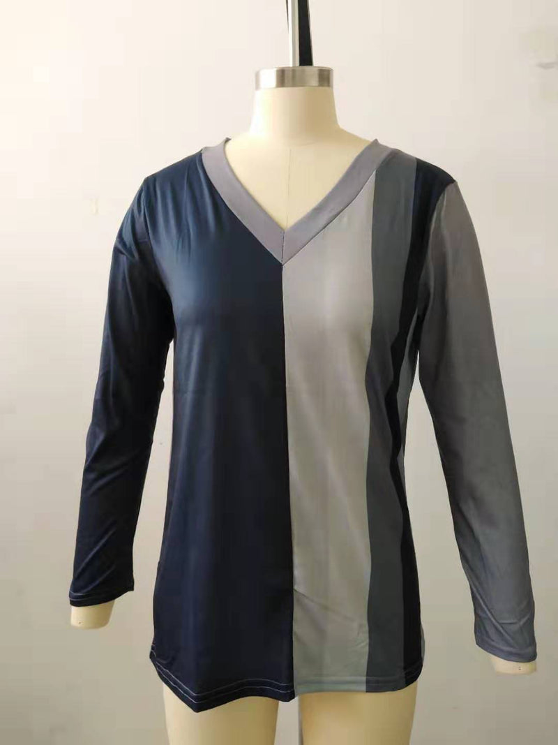V-neck Striped Printed Long Sleeves T-shirt