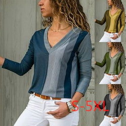 V-neck Striped Printed Long Sleeves T-shirt