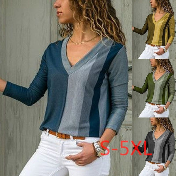 V-neck Striped Printed Long Sleeves T-shirt